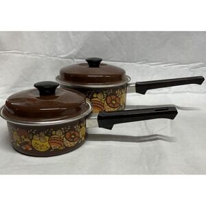Set Of 2 Merry Mushroom Sears Sauce Pans Brown Enamel Retro Vintage 70's UNUSED